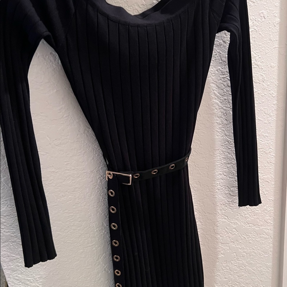 Black sweater dress, black mini dress with belt